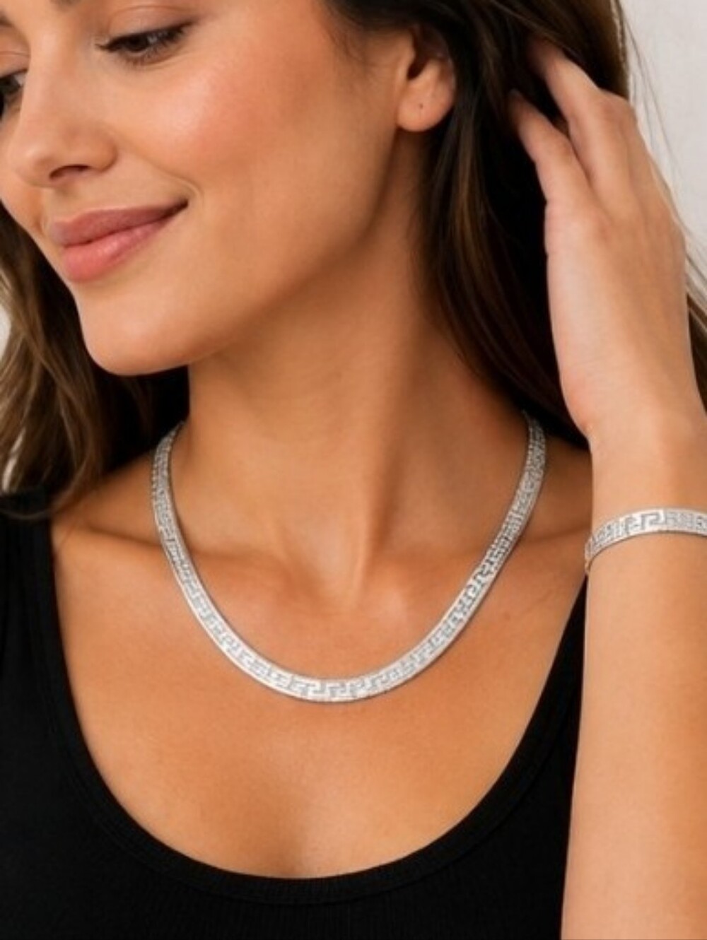 Sterling Silver Reversible Greek Key Herringbone Chain Necklace (Never Worn)